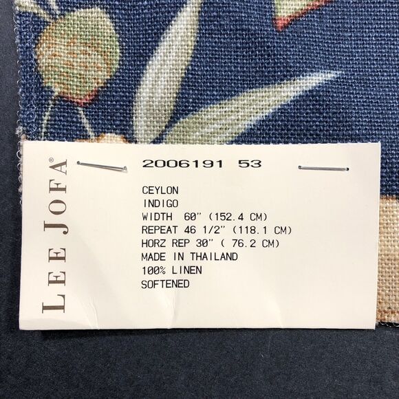 Lee Jofa Fabric CEYLON Indigo Blue Linen Birds Floral New Remnant Navy Tan - Picture 5 of 7